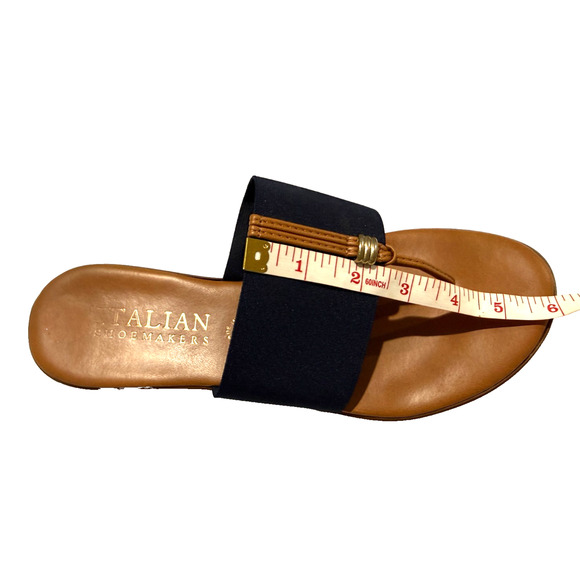 Italian Shoemakers Navy Blue Elastic Stretch Thong Sandals Gold Ring Size 9 Made - Picture 8 of 8